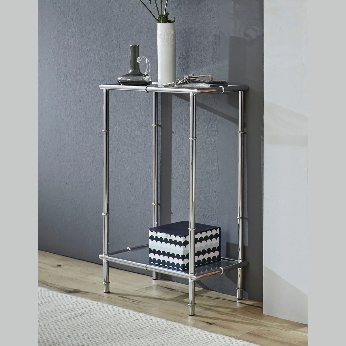 HAKU Konsolentisch, rechteckig, aus Metall und Glas — platzsparend, stabil, modernes Design