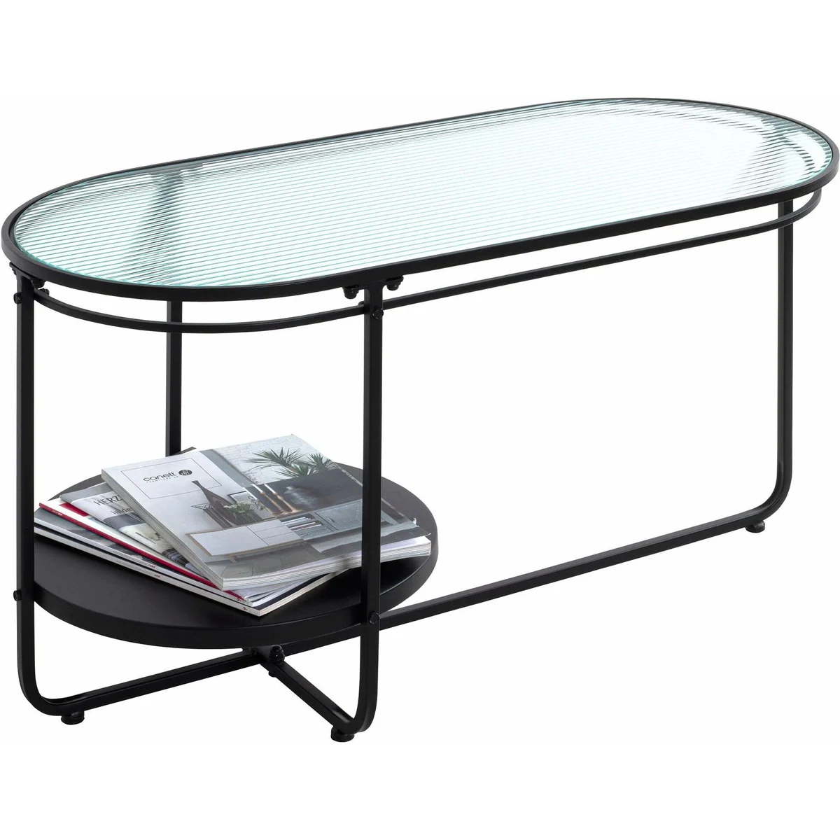 HAKU Couchtisch, oval, Metall Schwarz, Ablage aus Sicherheitsglas — 90 x 42 x 49 cm 3