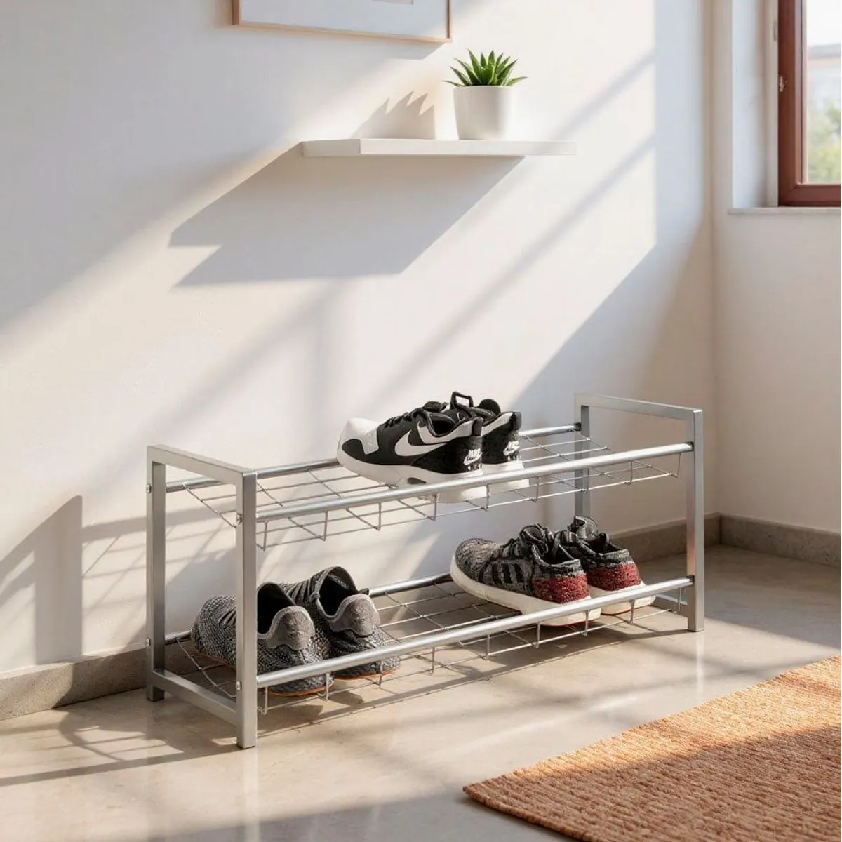 HAKU Schuhregal, rechteckig, aus Stahlrohr, 2 Ablagen — 80 cm breit, 30 cm tief, 38 cm hoch 2