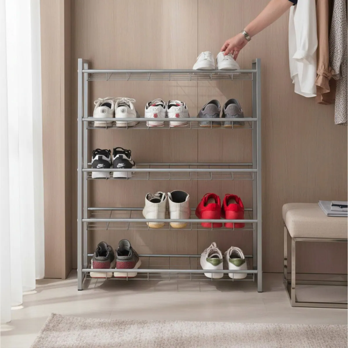 HAKU Schuhregal, rechteckig, 5 Ablagen, aus Stahl — grau, platzsparend, modern 2