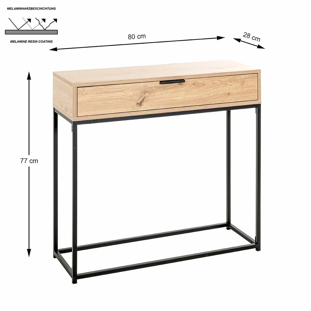 HAKU Malmö Konsolentisch, Eiche Dekor, Metallgestell — H. 77cm, B. 80cm, integrierter Kippschutz 4