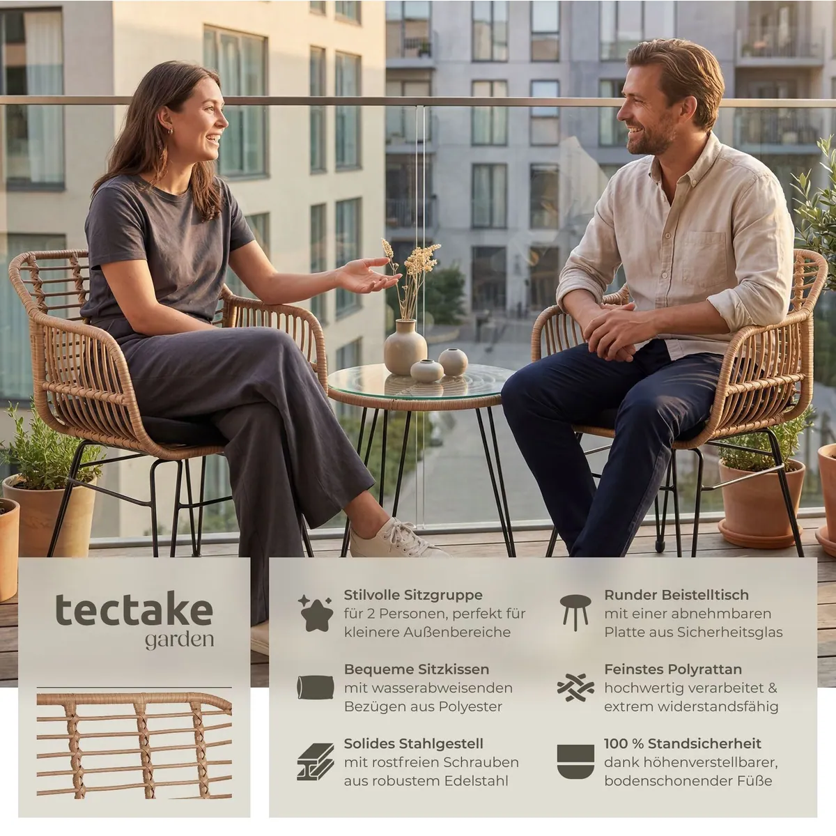 tectake Molfetta Rattan-Gartenlounge, witterungsbeständig, mit Sicherheitsglasplatte, für 2 Personen 2