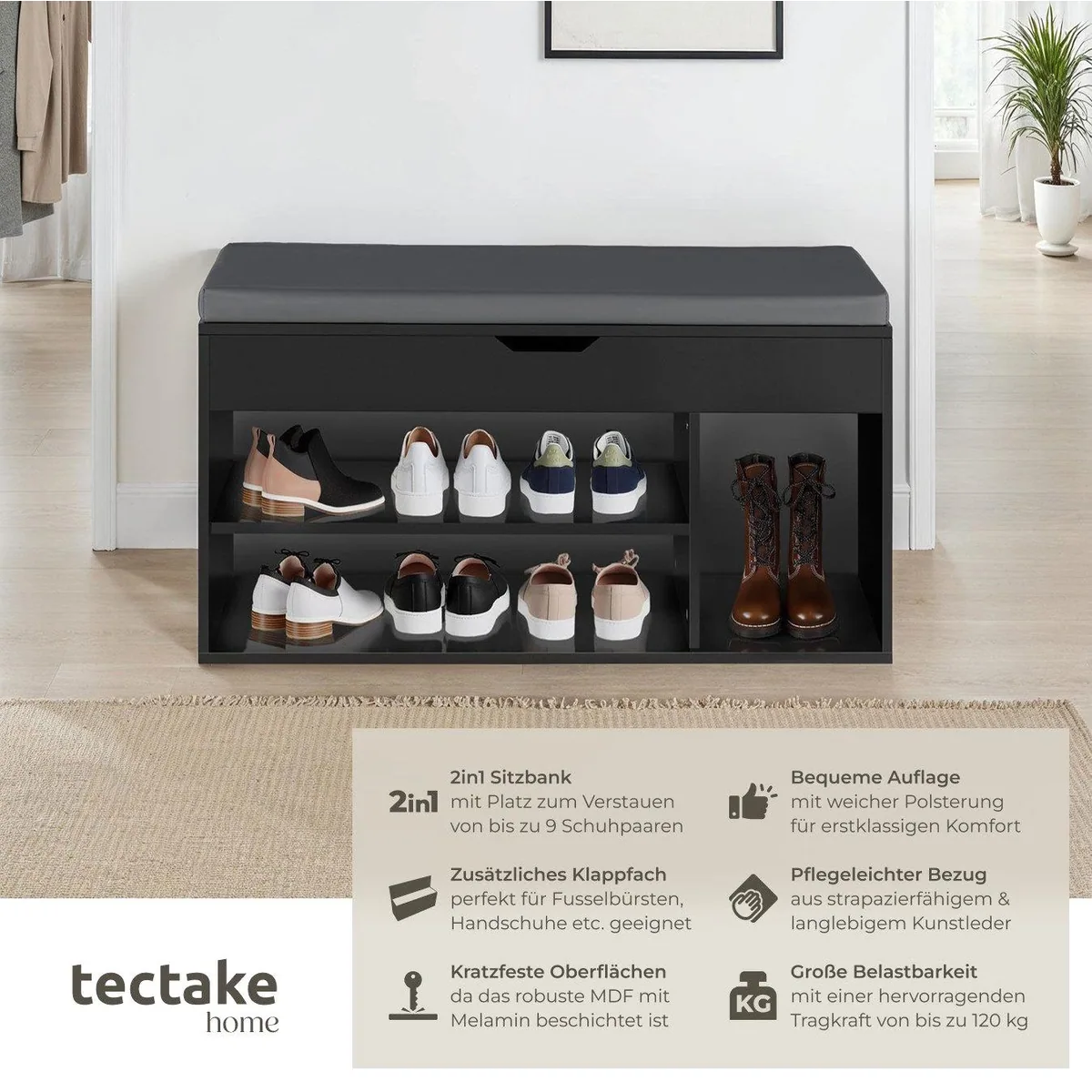 tectake Schuhschrank Natalya, Sitzbank für 9 Paar Schuhe, 104x30x49 cm 2