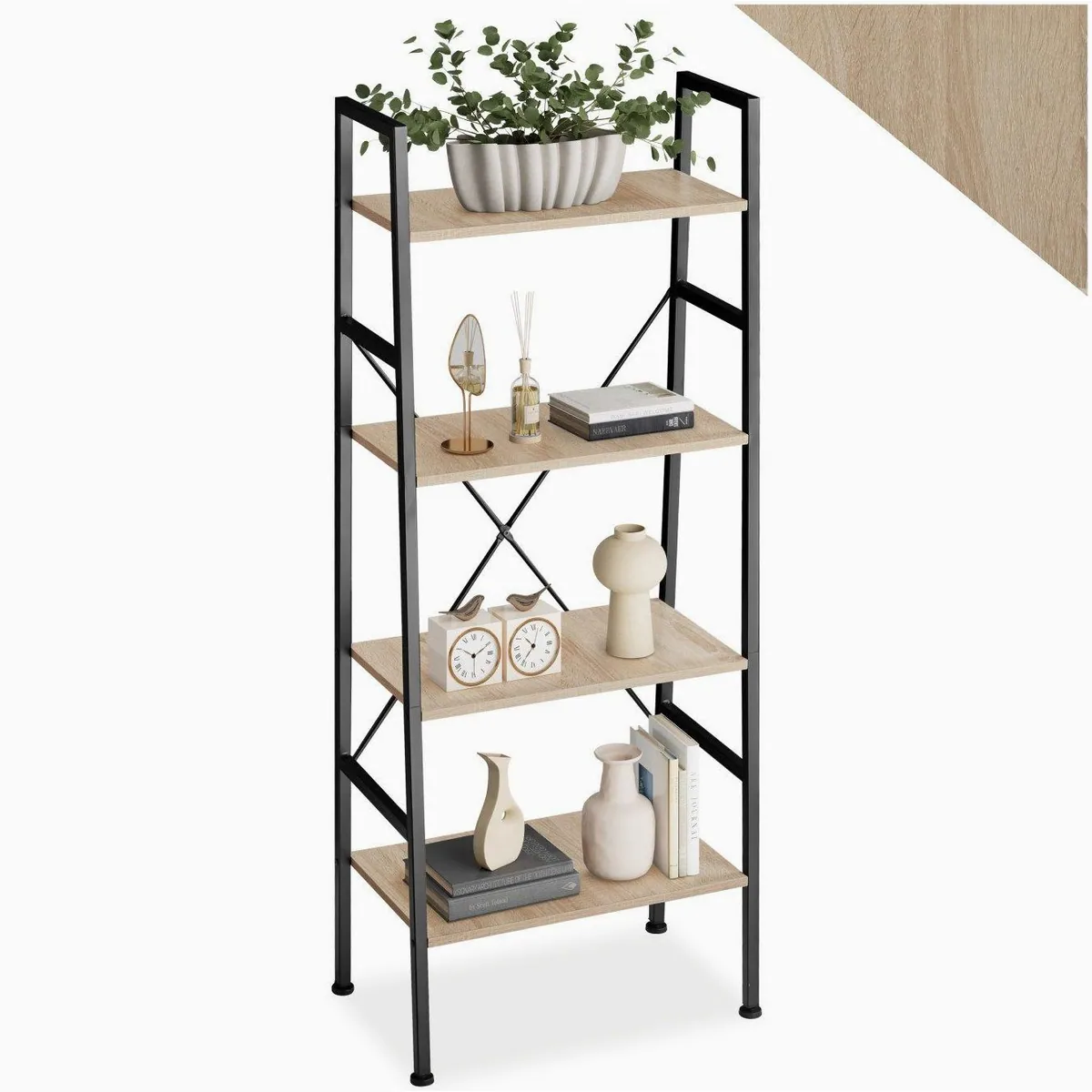 tectake Newcastle Leiterregal, 4 Ebenen, Kippschutz, 57,5 x 35,5 x 139 cm