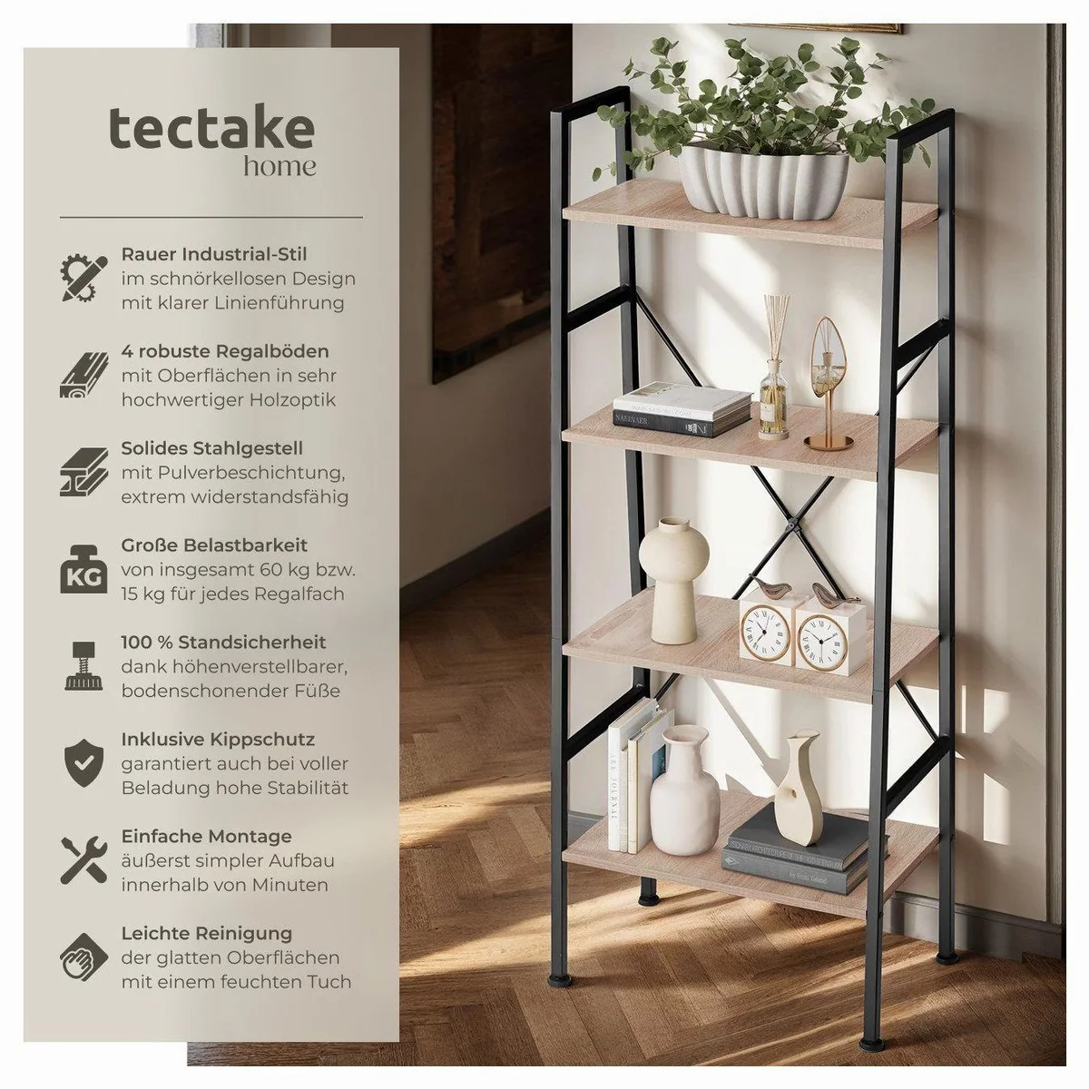 tectake Newcastle Leiterregal, 4 Ebenen, Kippschutz, 57,5 x 35,5 x 139 cm 2
