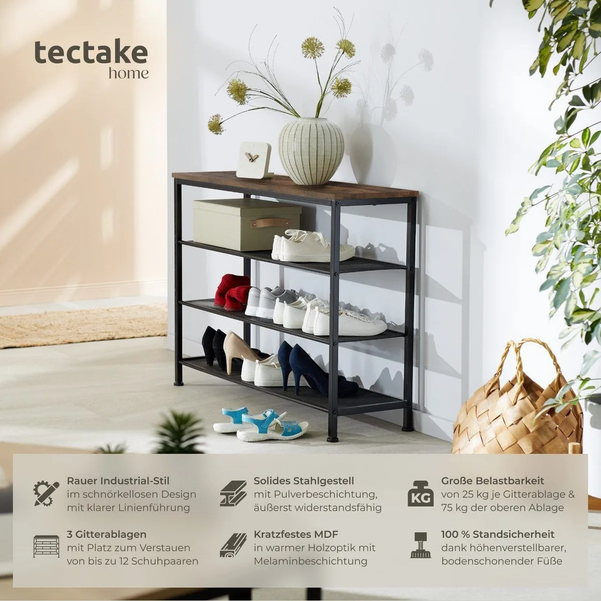 tectake Schuhregal Portsmouth, Holz und Stahl, 100 x 30,5 x 72,5 cm 2