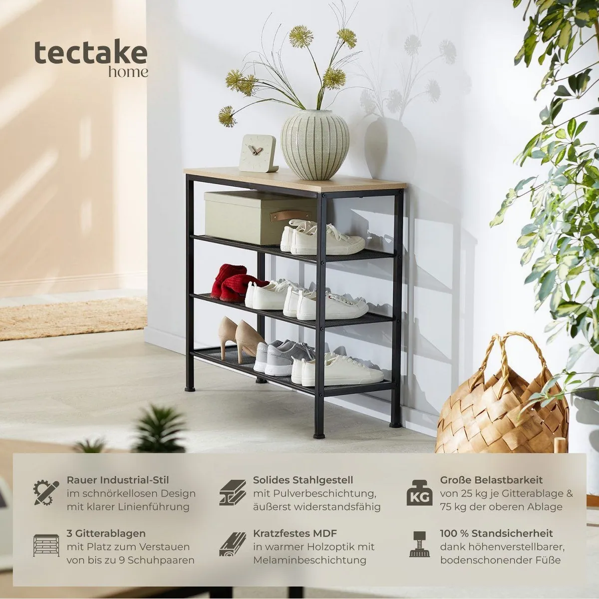 tectake Newport Schuhregal, Holz und Stahl, 80,5 x 30,5 x 72,5 cm 2