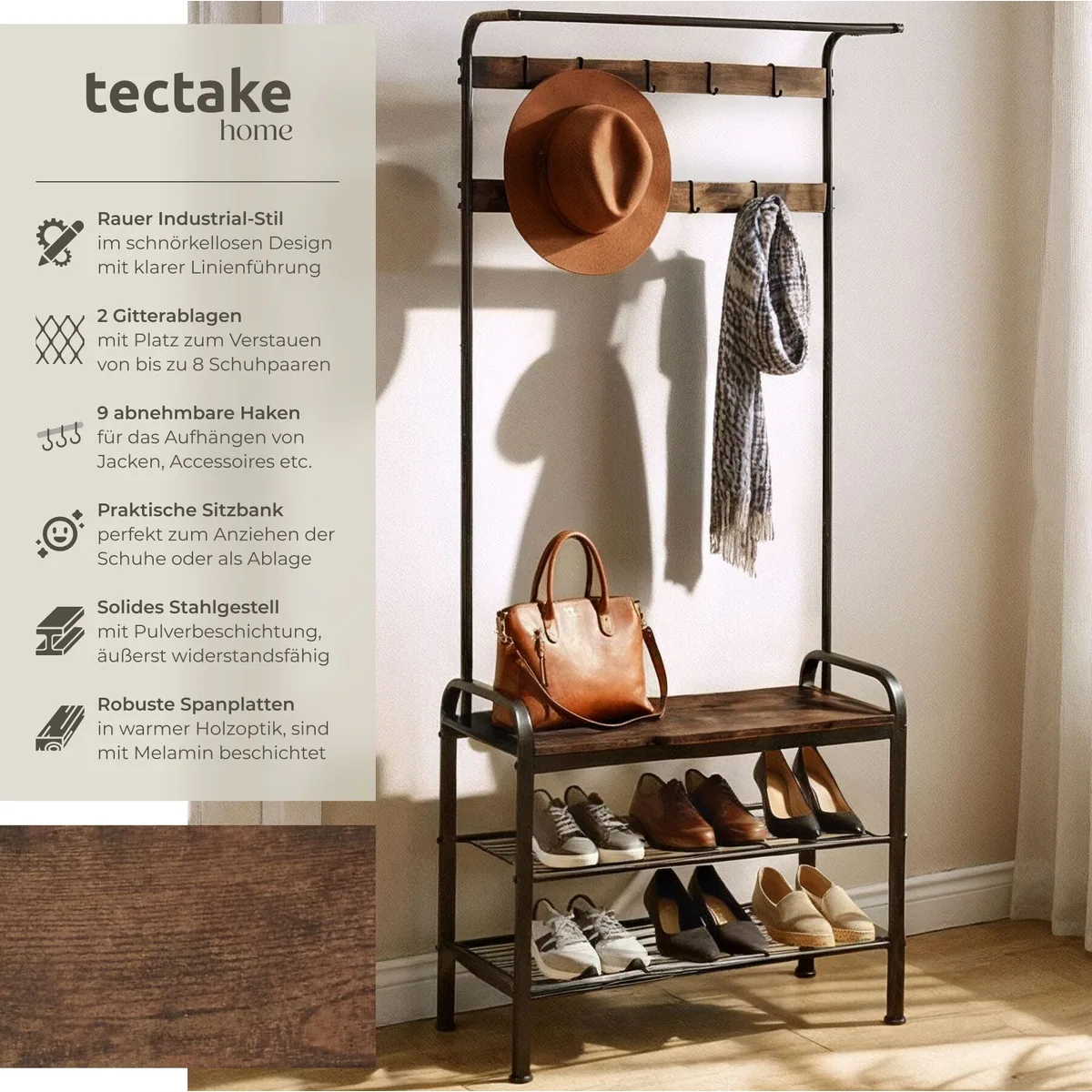 tectake Wichita Garderobe, platzsparend, Kippschutz, 9 Haken — 73,5 x 36 x 184 cm 2