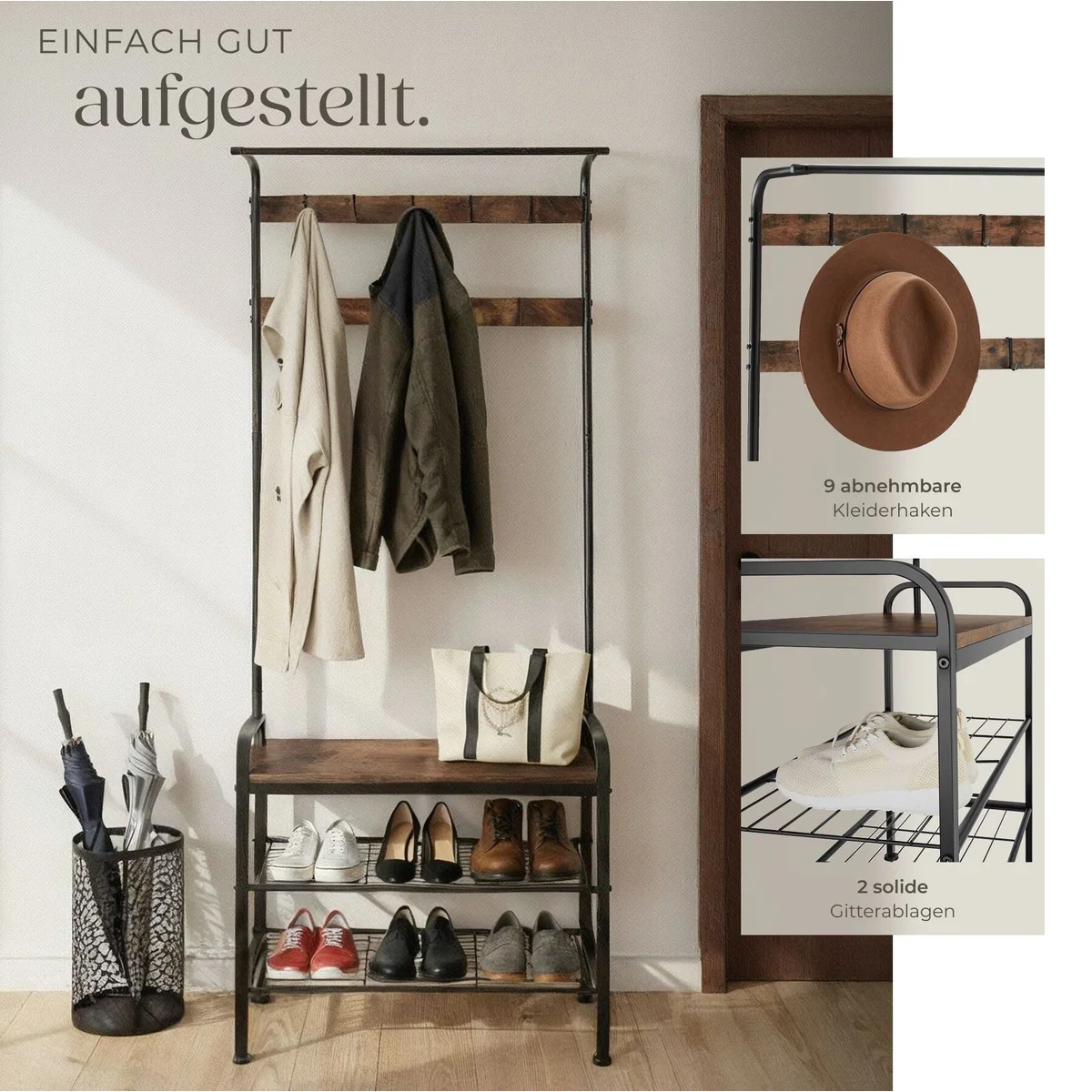 tectake Wichita Garderobe, platzsparend, Kippschutz, 9 Haken — 73,5 x 36 x 184 cm 3
