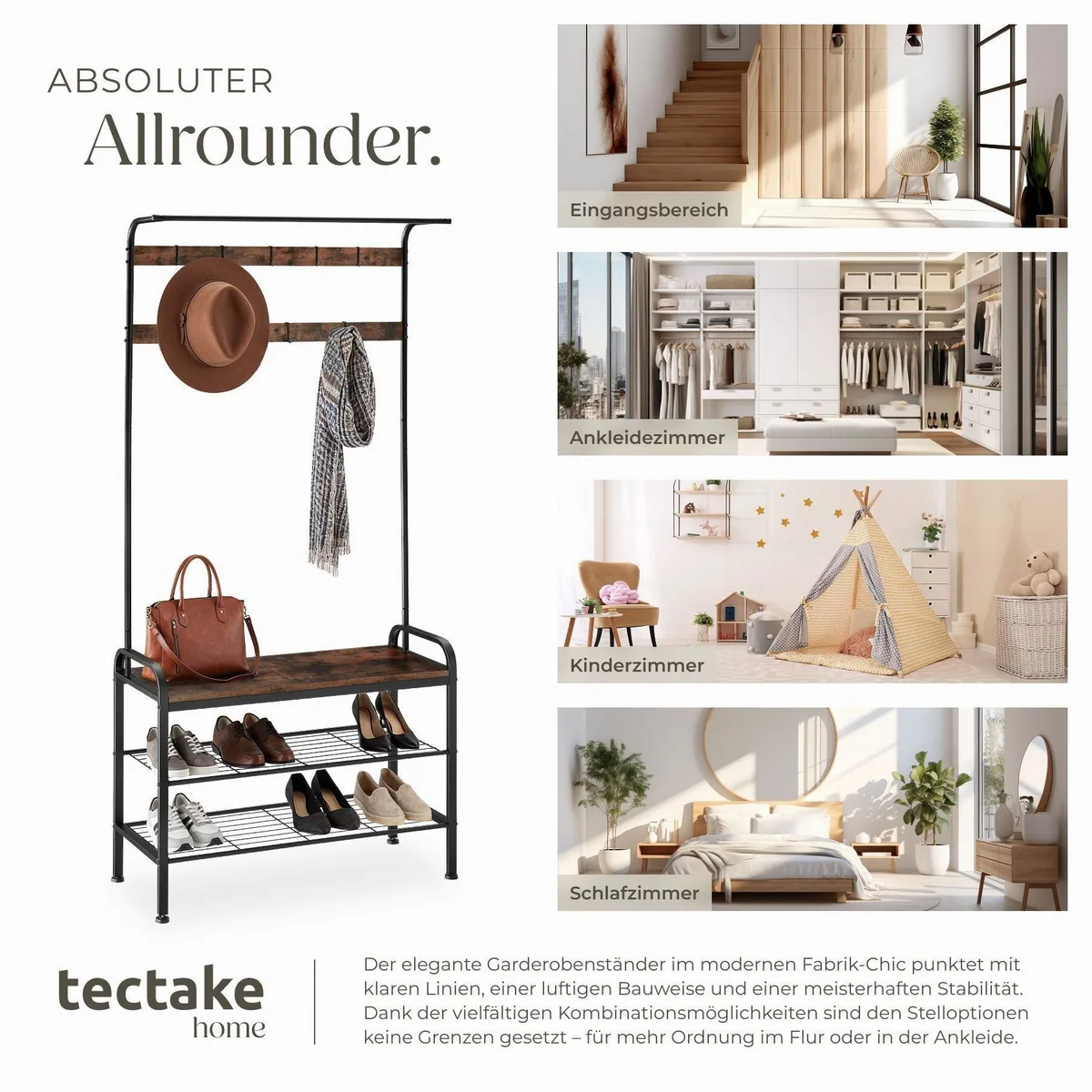 tectake Wichita Garderobe, platzsparend, Kippschutz, 9 Haken — 73,5 x 36 x 184 cm 4