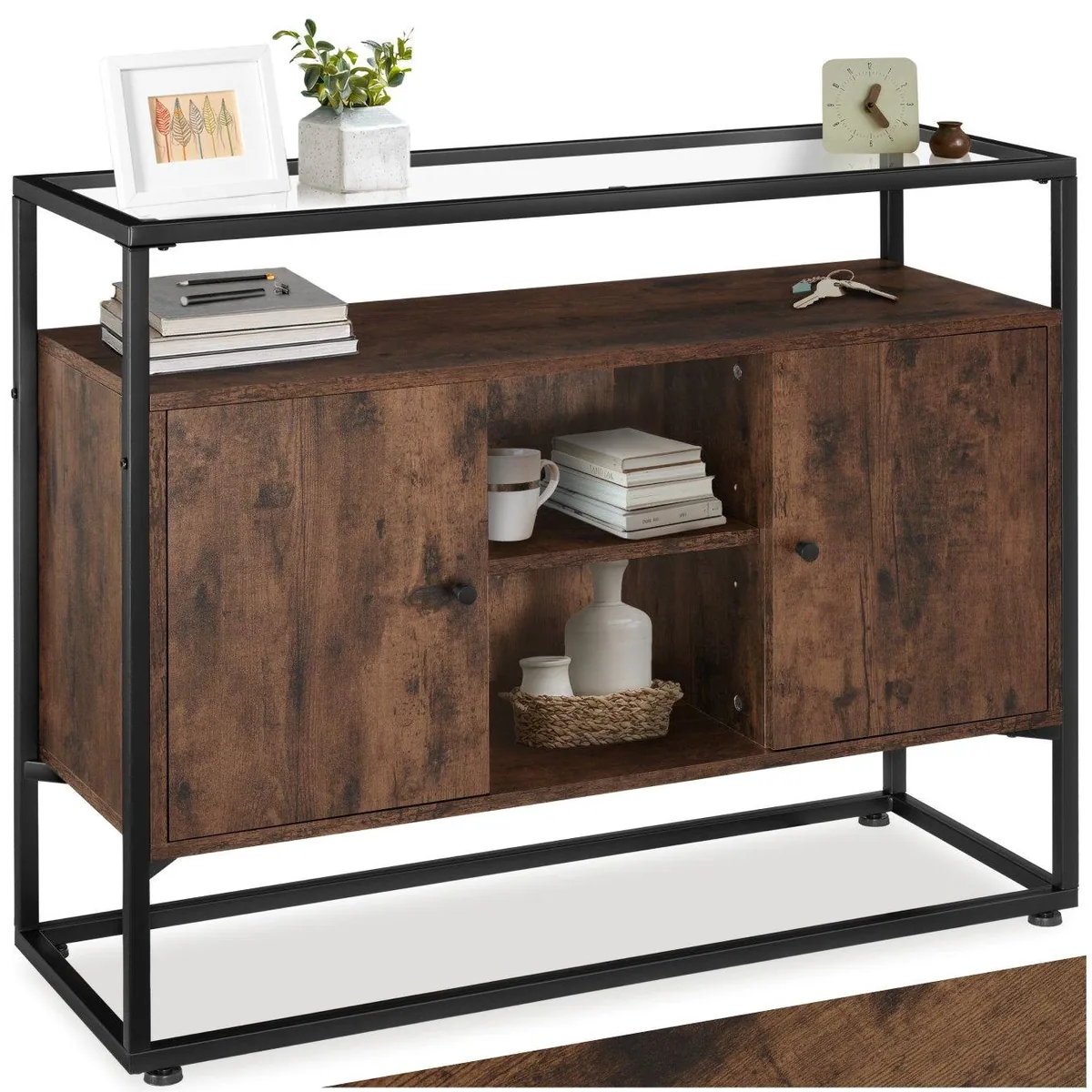 tectake Sideboard Oldham, 100 x 38 x 80,5 cm, Holz und Stahl — Glasplatte, 2 Staufächer, offenes Fach