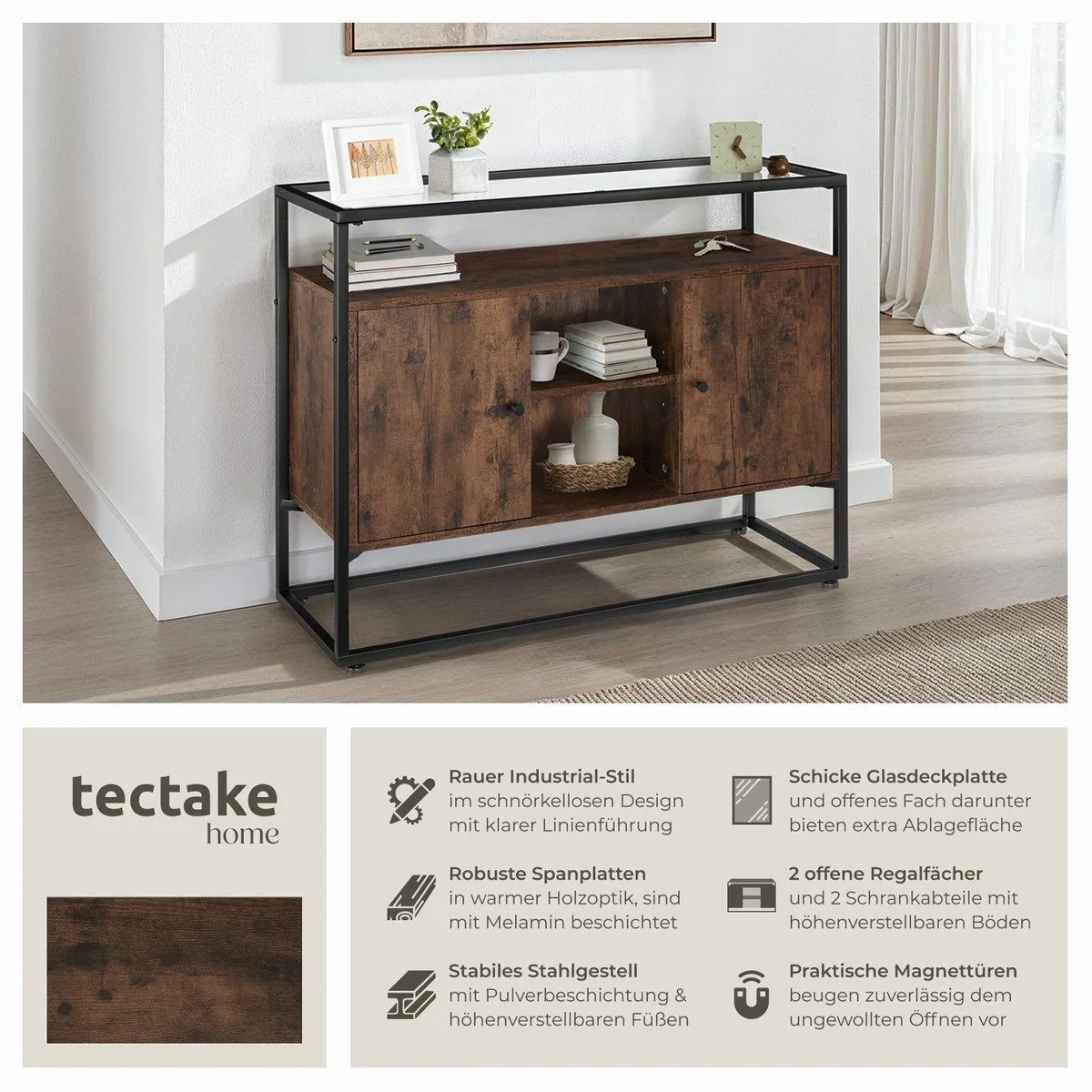tectake Sideboard Oldham, 100 x 38 x 80,5 cm, Holz und Stahl — Glasplatte, 2 Staufächer, offenes Fach 2