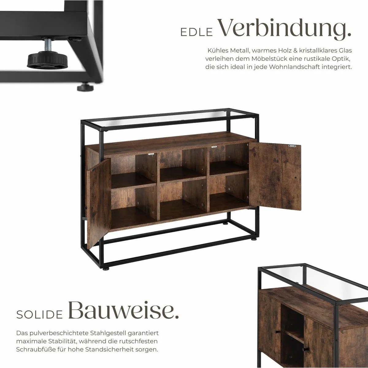 tectake Sideboard Oldham, 100 x 38 x 80,5 cm, Holz und Stahl — Glasplatte, 2 Staufächer, offenes Fach 3
