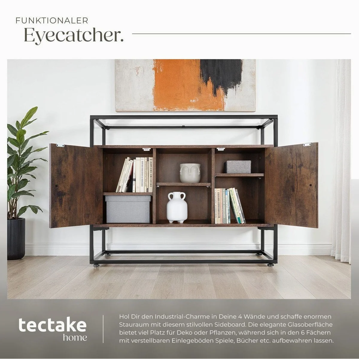 tectake Sideboard Oldham, 100 x 38 x 80,5 cm, Holz und Stahl — Glasplatte, 2 Staufächer, offenes Fach 4