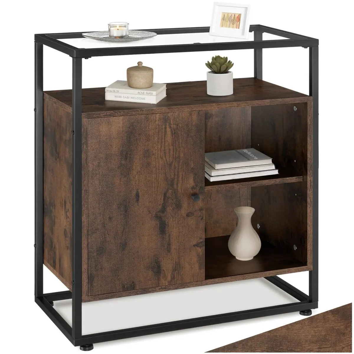 tectake Conventry Sideboard, 70 x 38 x 80,5 cm, Holz und Stahl, Glasplatte