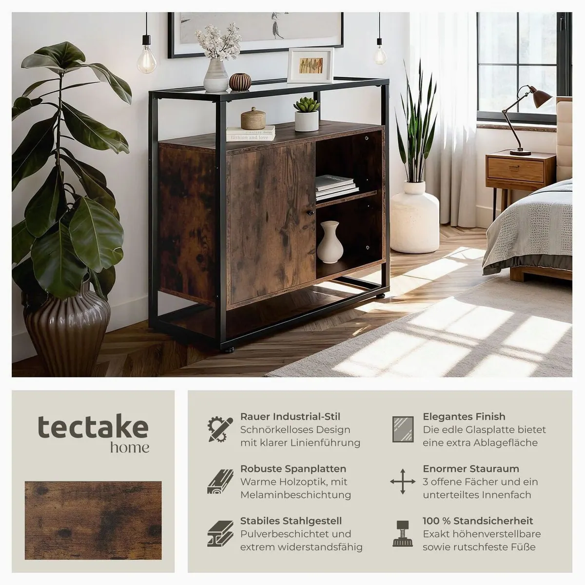 tectake Conventry Sideboard, 70 x 38 x 80,5 cm, Holz und Stahl, Glasplatte 2