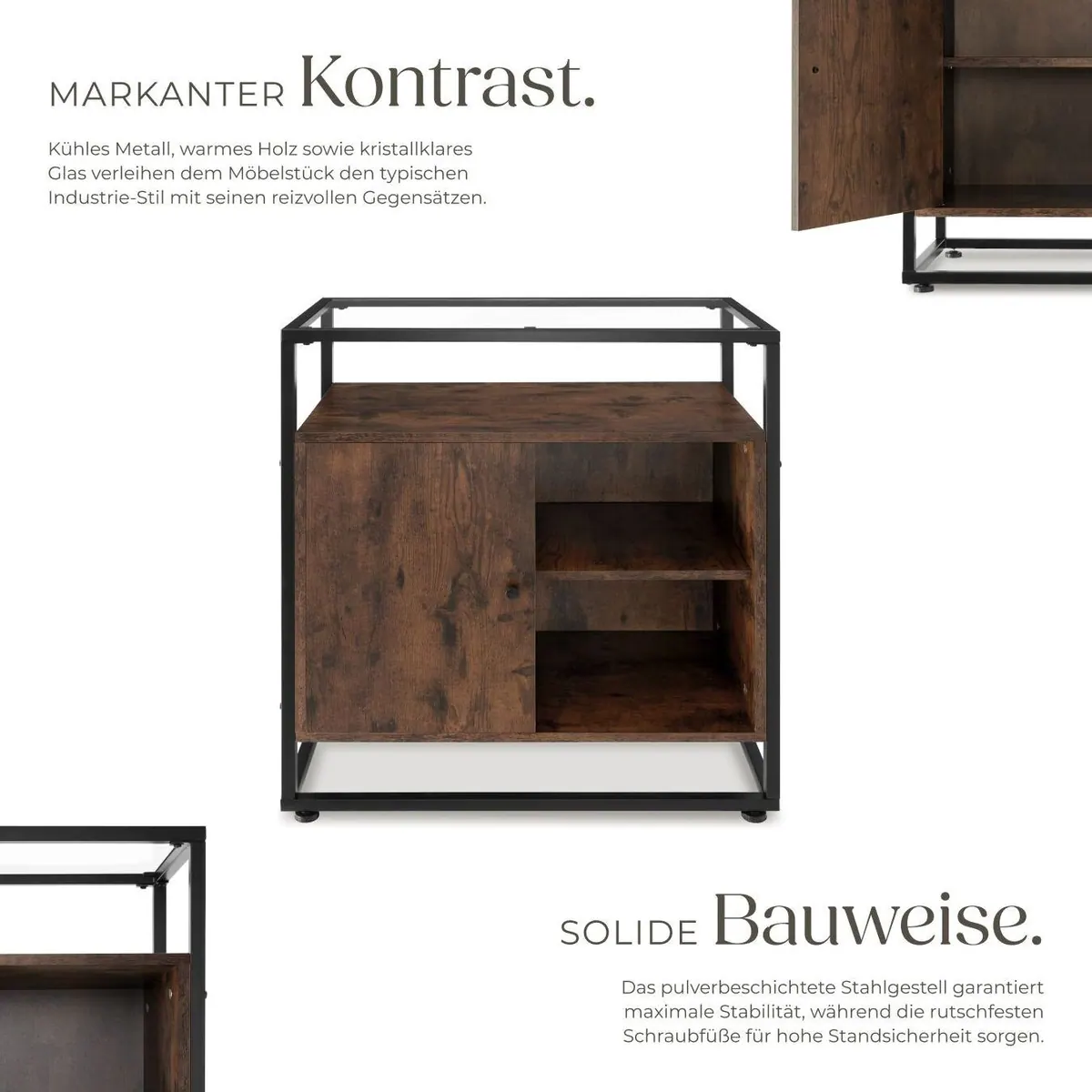 tectake Conventry Sideboard, 70 x 38 x 80,5 cm, Holz und Stahl, Glasplatte 3