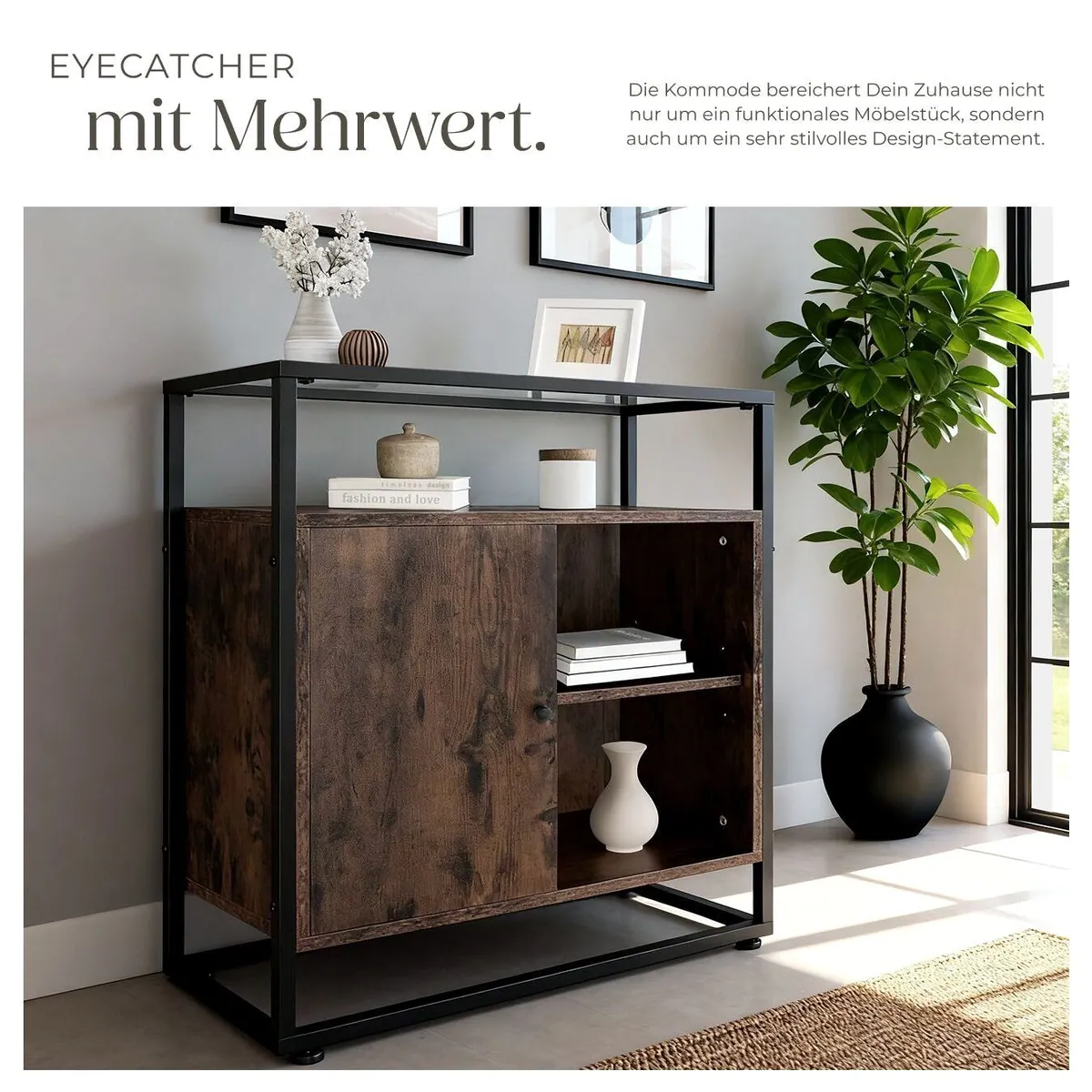 tectake Conventry Sideboard, 70 x 38 x 80,5 cm, Holz und Stahl, Glasplatte 4