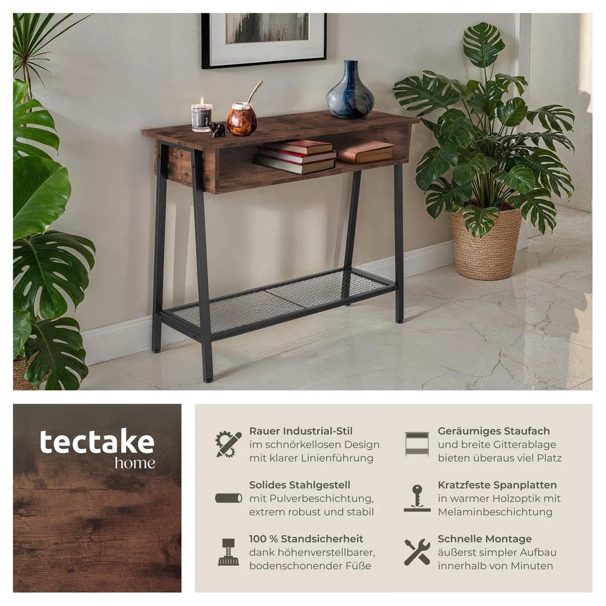 tectake Konsolentisch Tralee, Industrial Style, Holz und Stahl — höhenverstellbare Füße, Gitterablage, rustikales Design 2