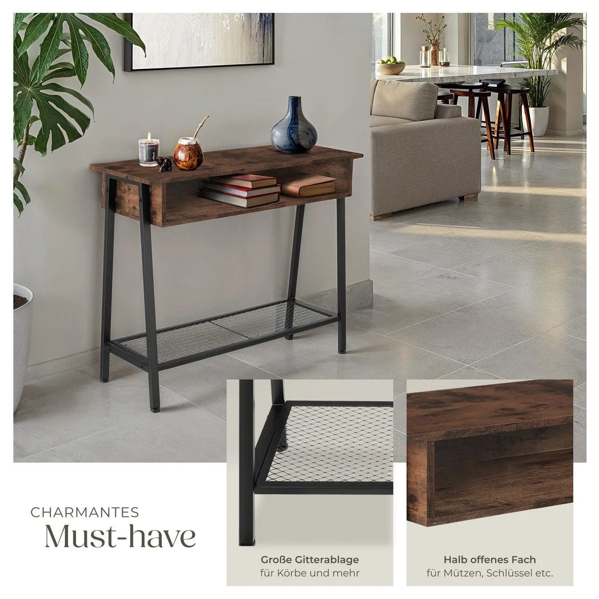 tectake Konsolentisch Tralee, Industrial Style, Holz und Stahl — höhenverstellbare Füße, Gitterablage, rustikales Design 4