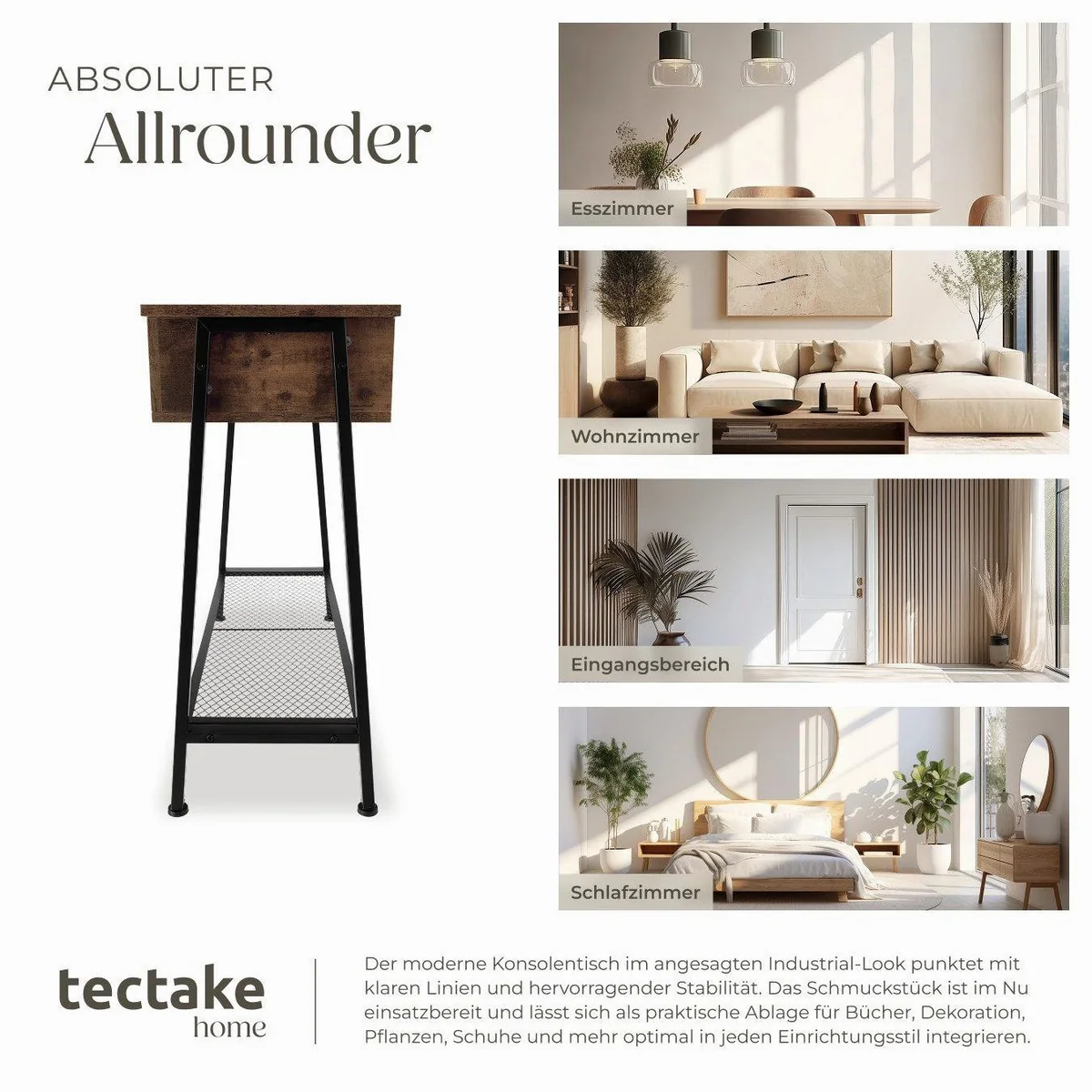 tectake Konsolentisch Tralee, Industrial Style, Holz und Stahl — höhenverstellbare Füße, Gitterablage, rustikales Design 5
