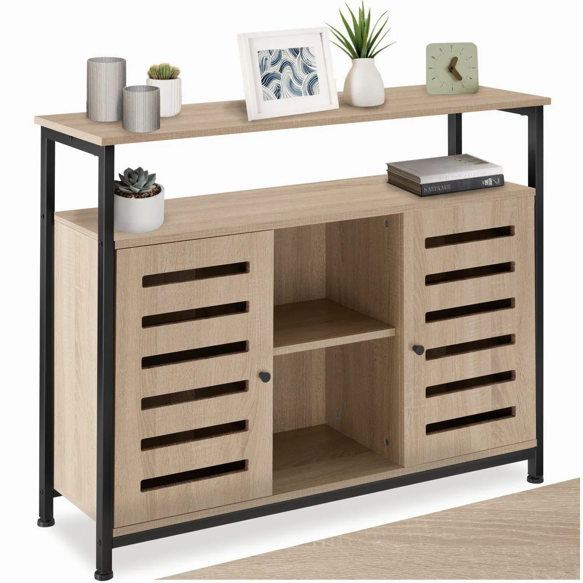 tectake Warrington Lowboard, Holz & Stahl, 2 Ablagen, 2 Magnettüren — 100 x 37 x 82 cm