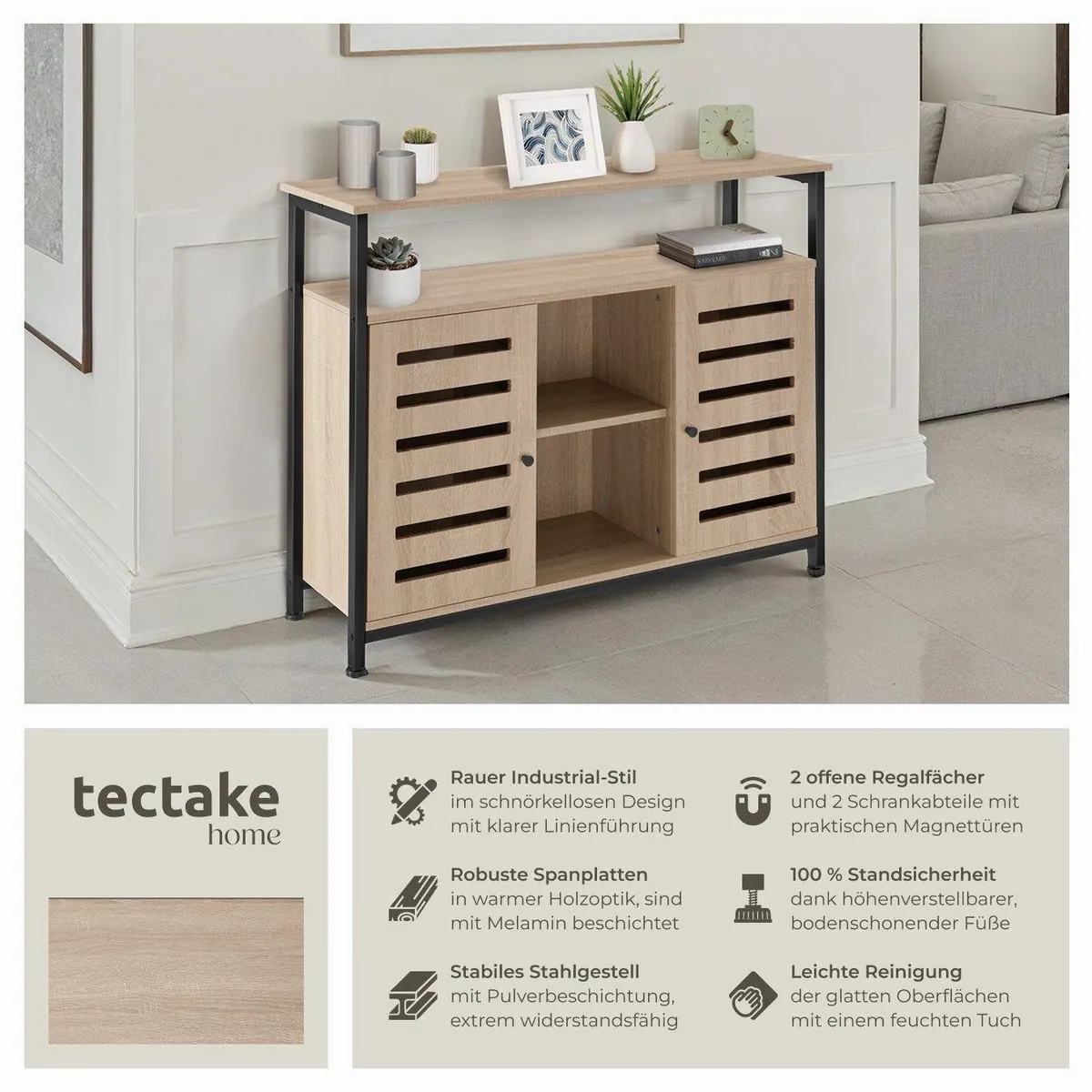 tectake Warrington Lowboard, Holz & Stahl, 2 Ablagen, 2 Magnettüren — 100 x 37 x 82 cm 2