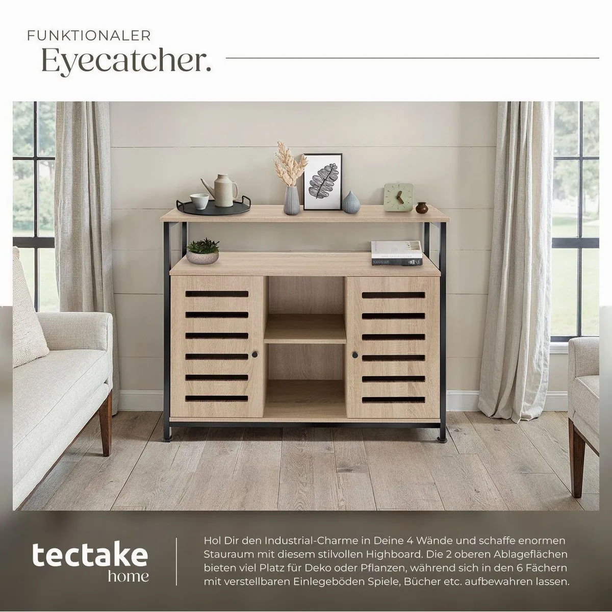 tectake Warrington Lowboard, Holz & Stahl, 2 Ablagen, 2 Magnettüren — 100 x 37 x 82 cm 4