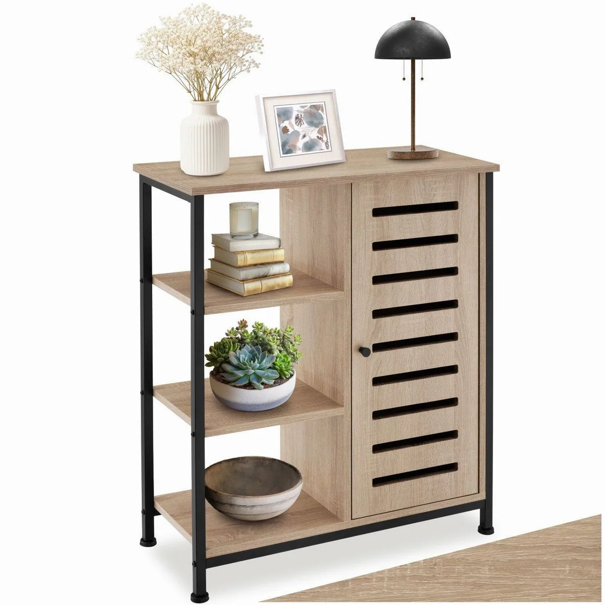 tectake Highboard Hochkommode, Holz und Stahl, 3 offene Fächer, verstellbare Füße