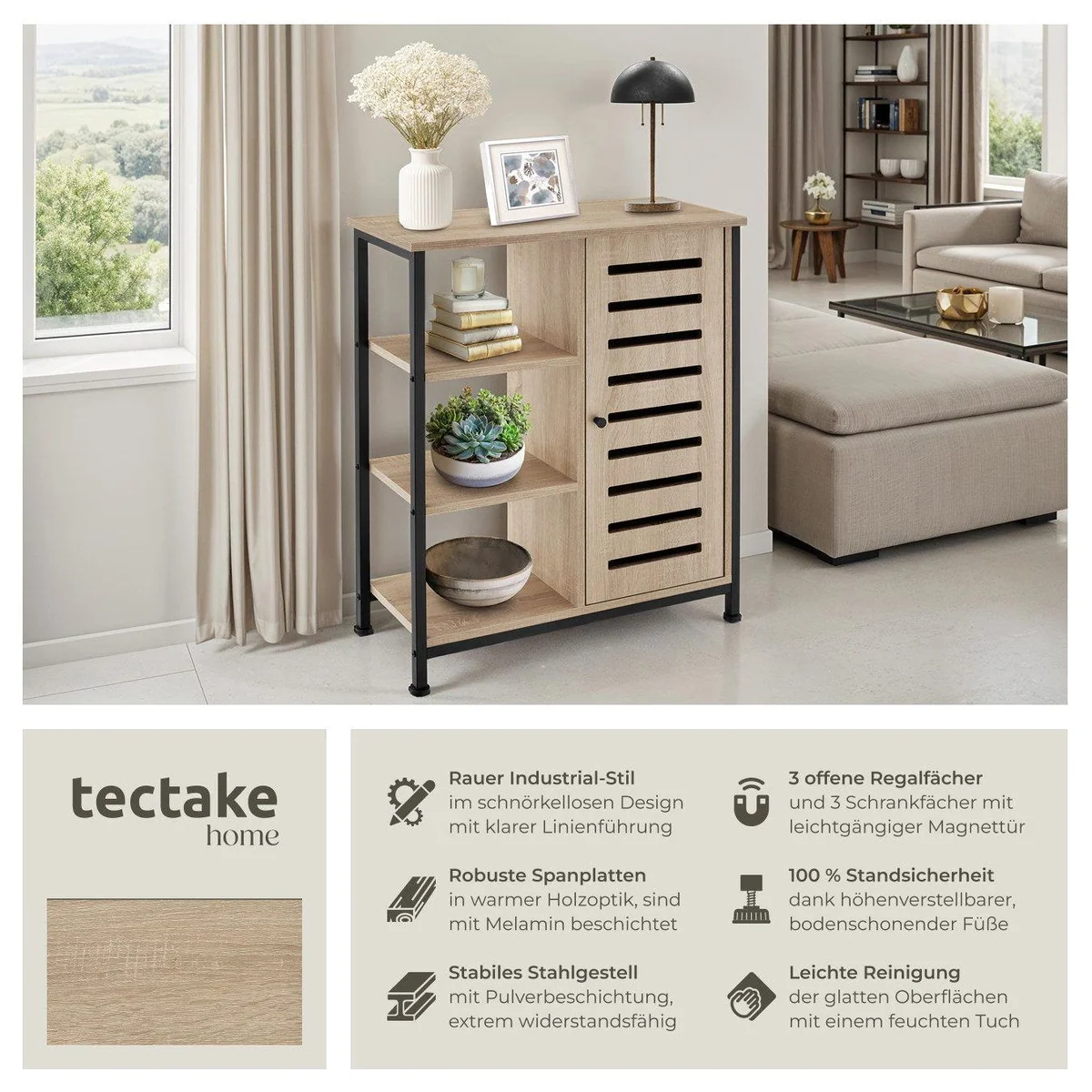 tectake Highboard Hochkommode, Holz und Stahl, 3 offene Fächer, verstellbare Füße 2