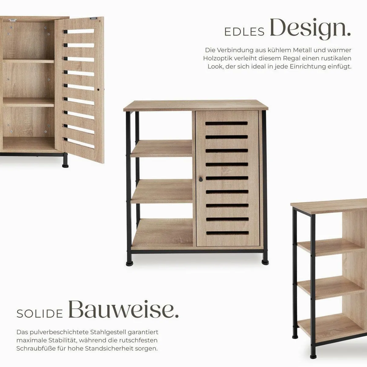 tectake Highboard Hochkommode, Holz und Stahl, 3 offene Fächer, verstellbare Füße 3