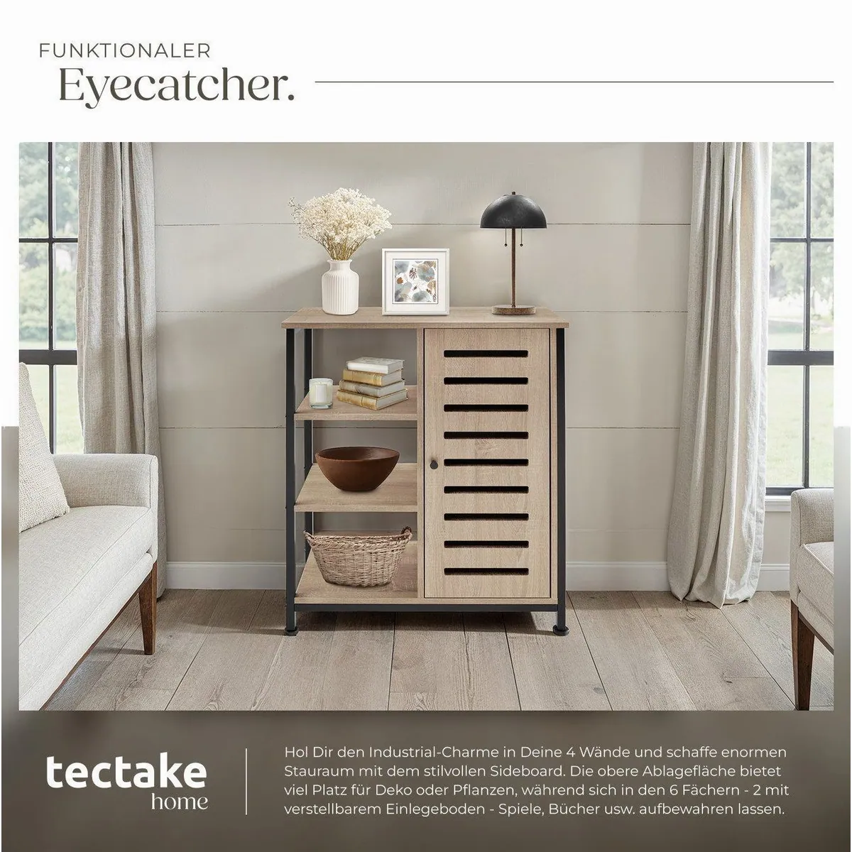 tectake Highboard Hochkommode, Holz und Stahl, 3 offene Fächer, verstellbare Füße 4