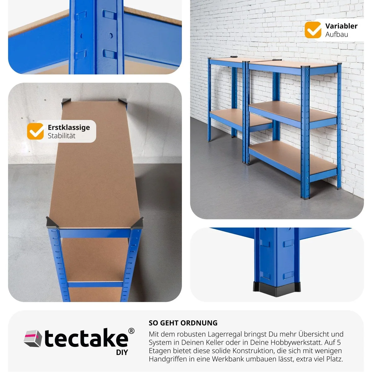 tectake Schwerlastregal 5 Böden, 350 kg, 75,5 x 30,5 x 172 cm — robust, höhenverstellbar, wandlungsfähig 3