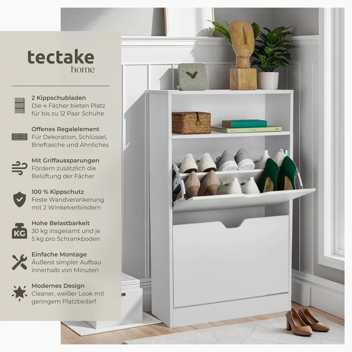 tectake Calea Schuhschrank, 60 x 24 x 102 cm, für 12 Paar Schuhe, mit Kippfächern 2