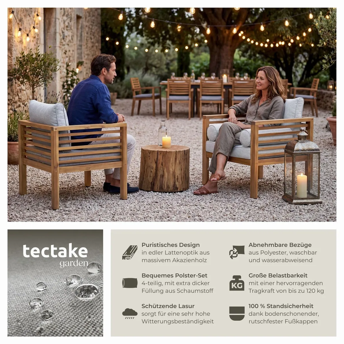 tectake Boka Gartenstuhl, lasiertes Holzgestell, wetterfest — 120 kg Belastbarkeit, 12 cm Polster, 72 x 63 x 64,5 cm 2