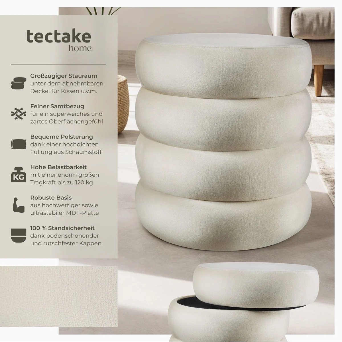 tectake Altu Sitzhocker, gepolstert, Stauraum, 42 x 42 x 47 cm 2