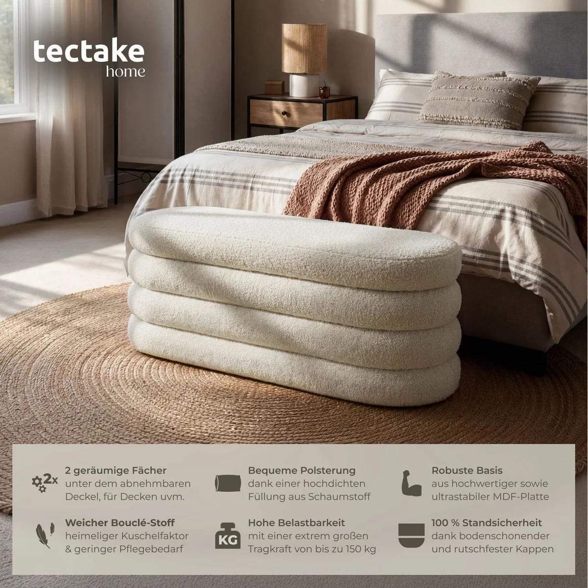 tectake Altu Polsterbank, 110 x 45 x 42 cm, mit Stauraum und Bouclé-Bezug 2