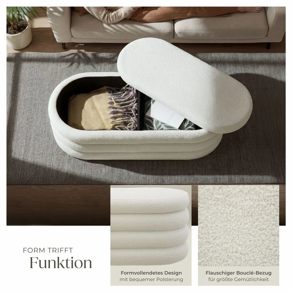 tectake Altu Polsterbank, 110 x 45 x 42 cm, mit Stauraum und Bouclé-Bezug 3
