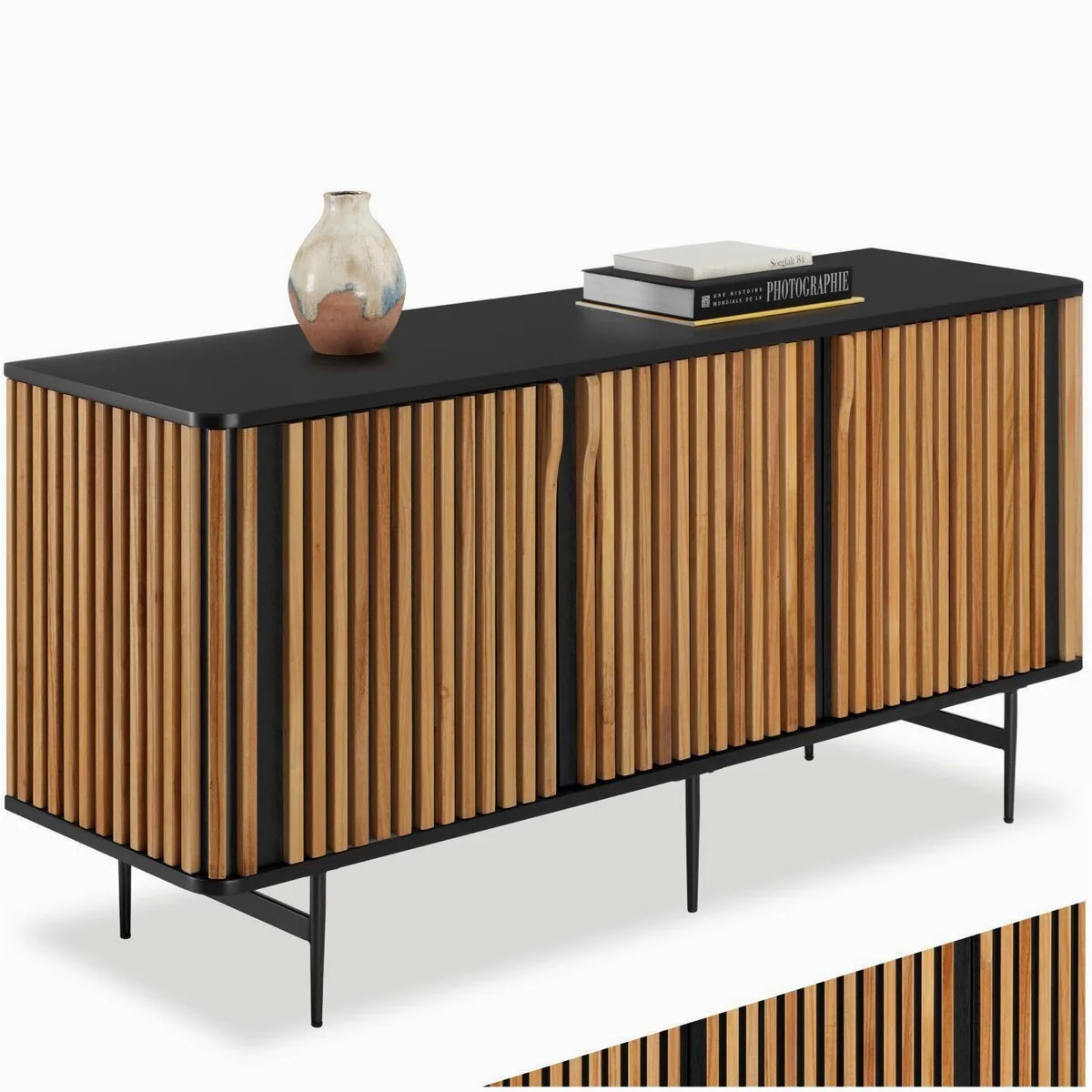 tectake Sideboard Lineo, 156 x 45,5 x 74 cm, höhenverstellbare Füße, Lamellendesign