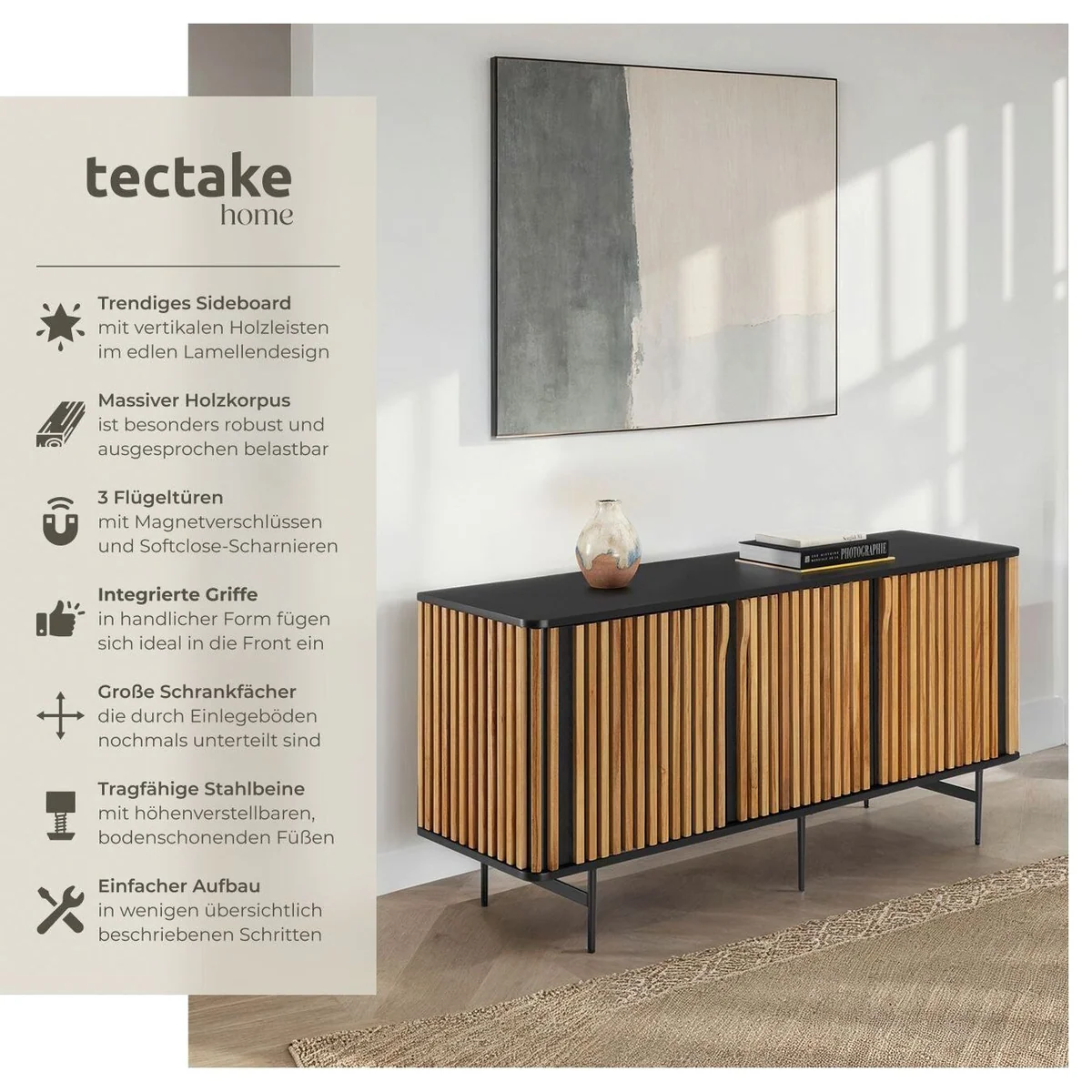 tectake Sideboard Lineo, 156 x 45,5 x 74 cm, höhenverstellbare Füße, Lamellendesign 2