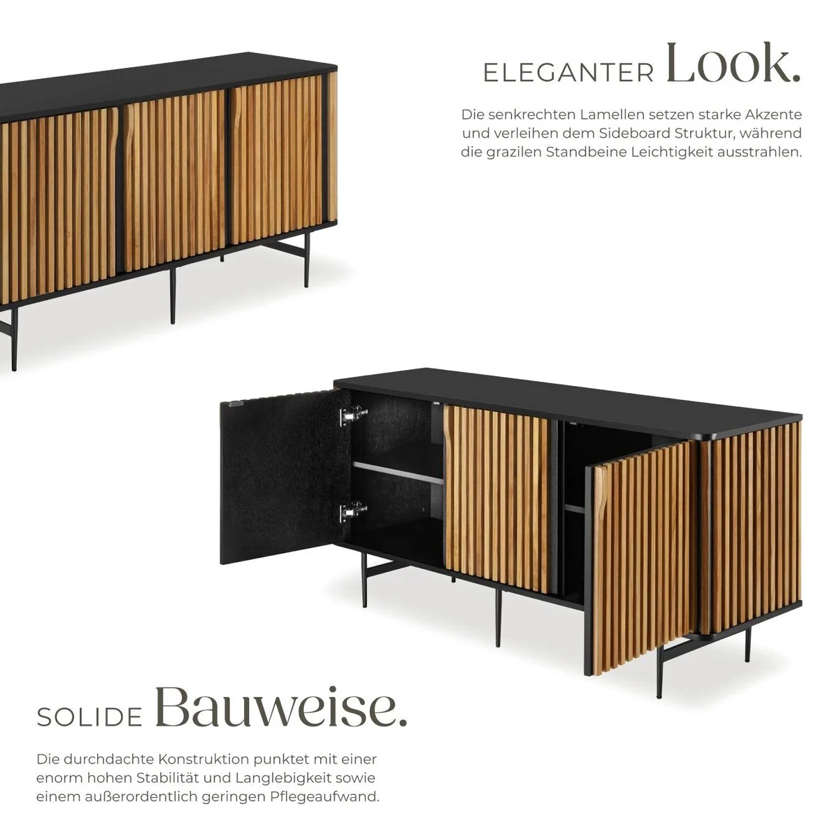tectake Sideboard Lineo, 156 x 45,5 x 74 cm, höhenverstellbare Füße, Lamellendesign 3