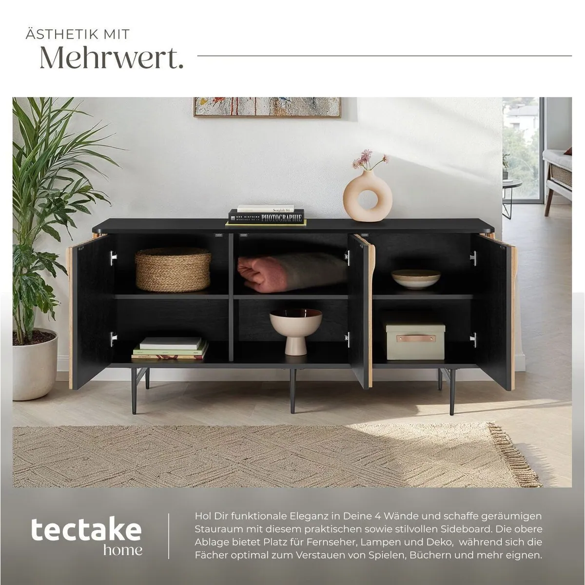 tectake Sideboard Lineo, 156 x 45,5 x 74 cm, höhenverstellbare Füße, Lamellendesign 4