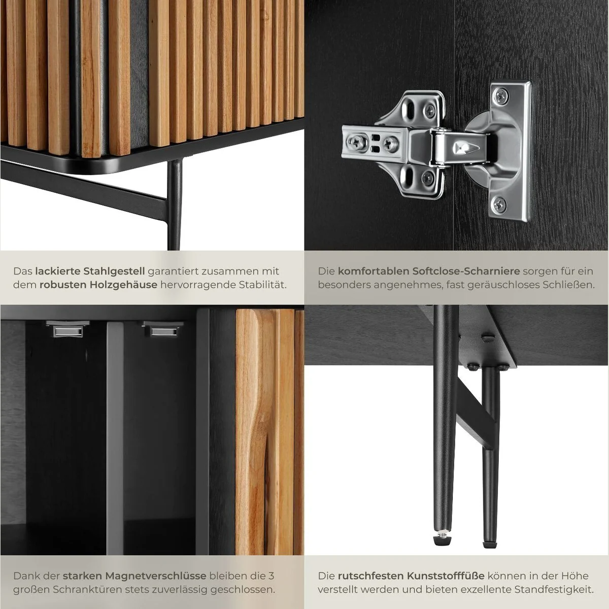 tectake Sideboard Lineo, 156 x 45,5 x 74 cm, höhenverstellbare Füße, Lamellendesign 5