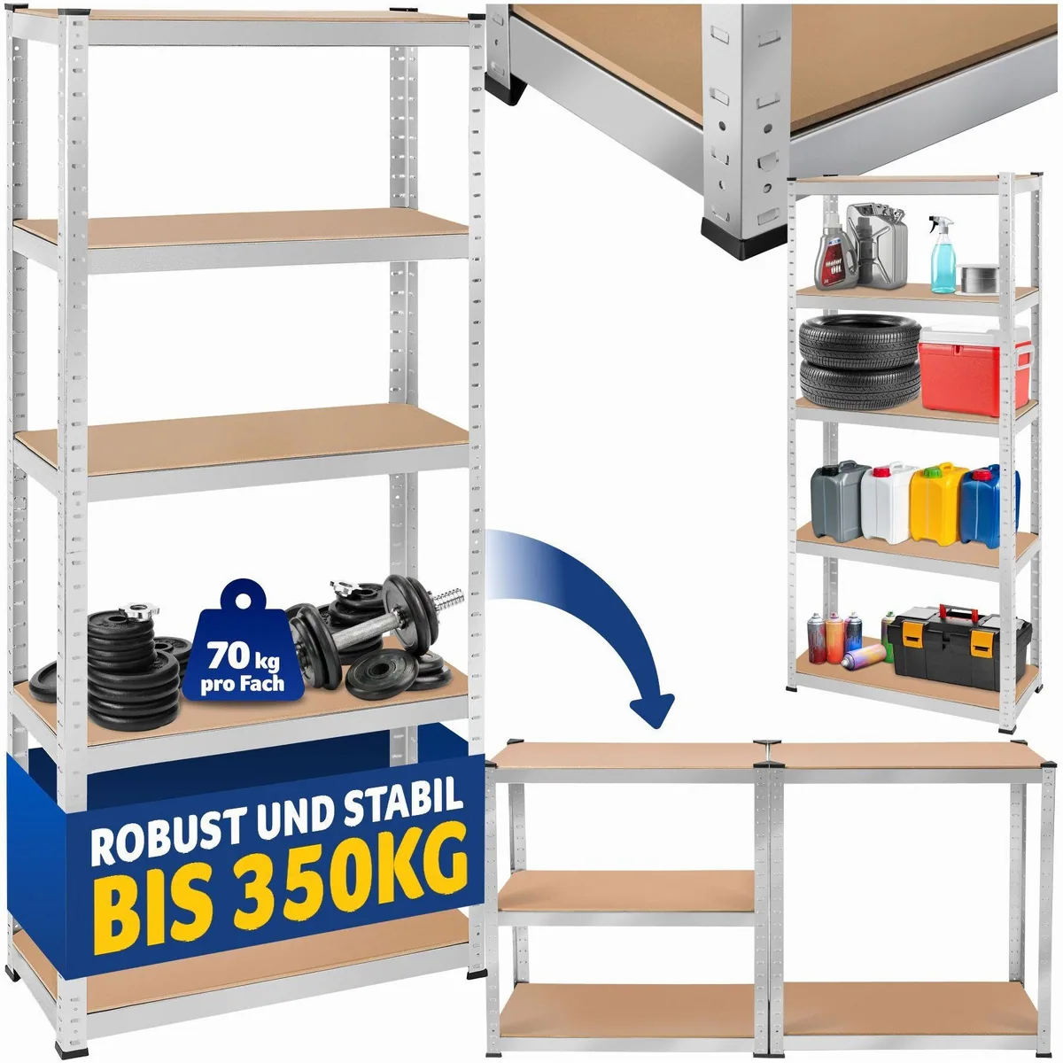 tectake Schwerlastregal, verzinkter Stahl, höhenverstellbare MDF-Böden, schnelle Montage