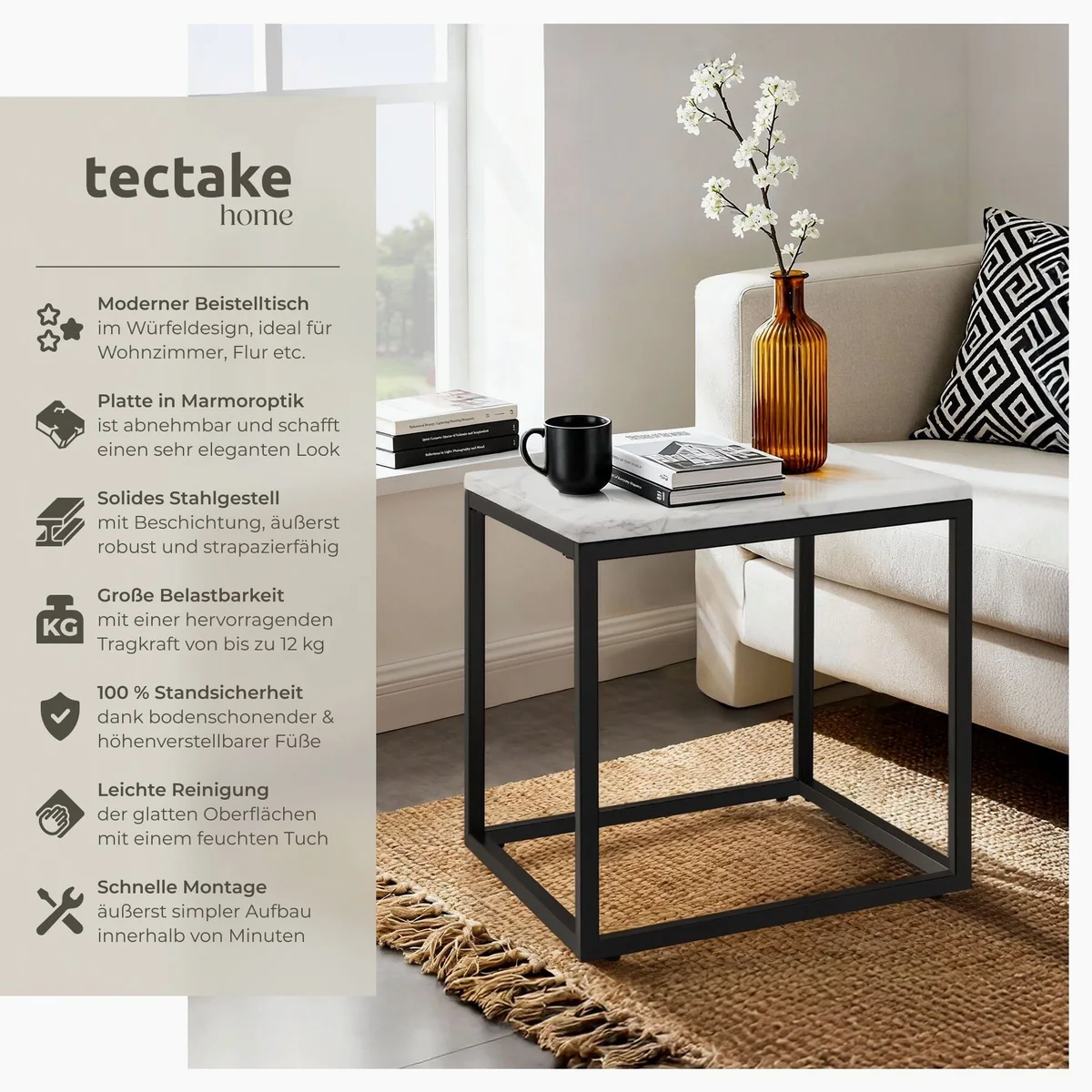 tectake Alysia Beistelltisch, Marmoroptik, 45 x 45 x 47,5 cm, 12 kg belastbar 2