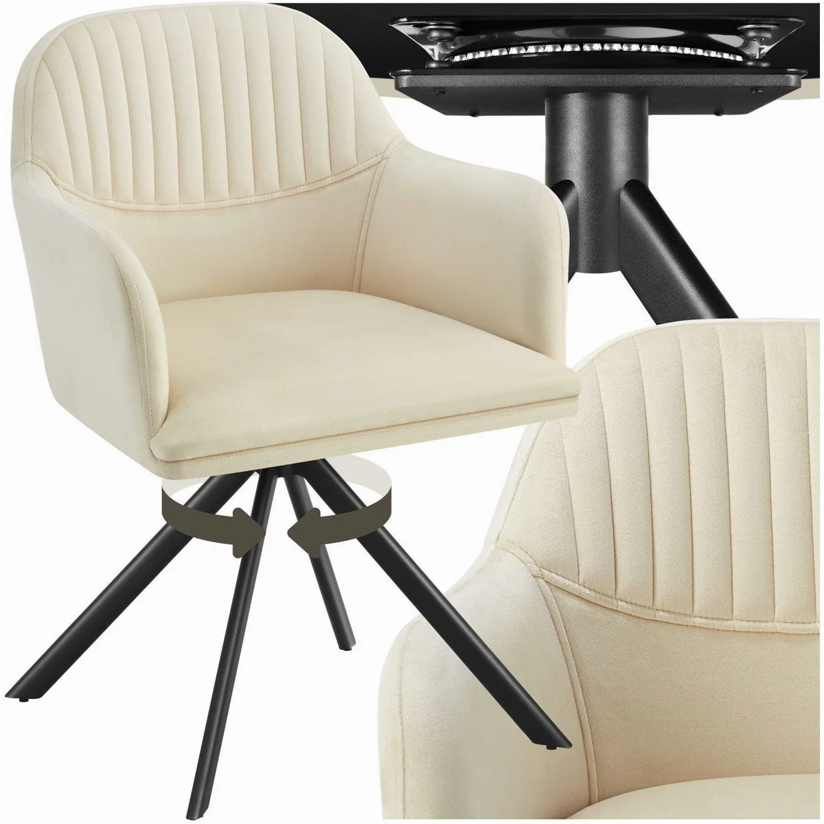 tectake Lona Esszimmerstuhl, 360° drehbar, schlanke Stahlbeine, creme/schwarz
