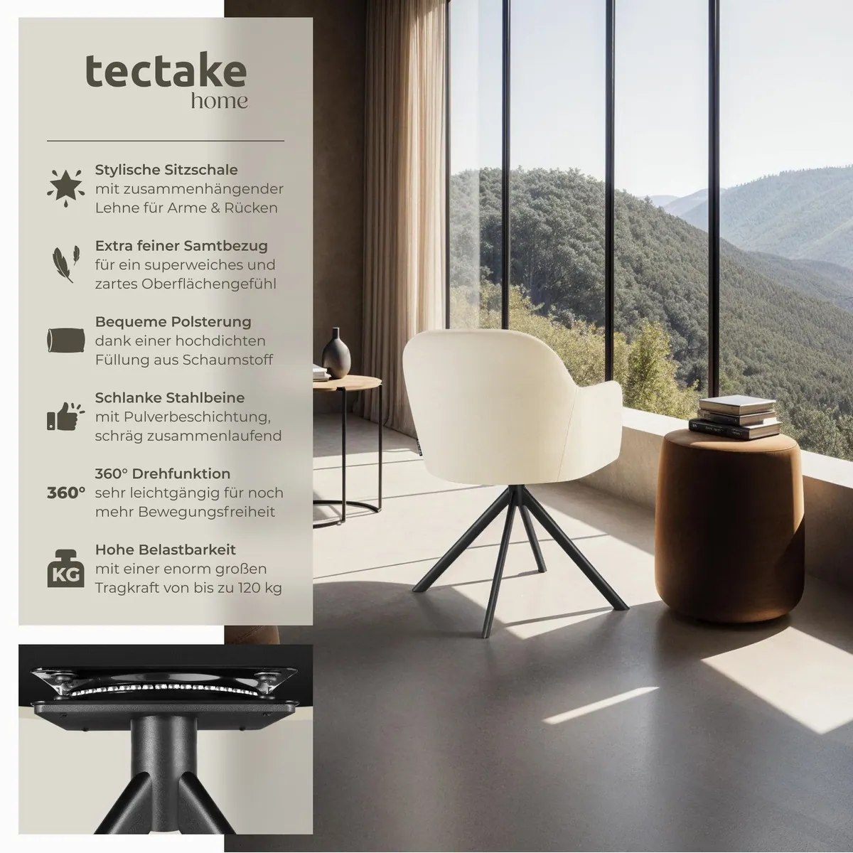 tectake Lona Esszimmerstuhl, 360° drehbar, schlanke Stahlbeine, creme/schwarz 2