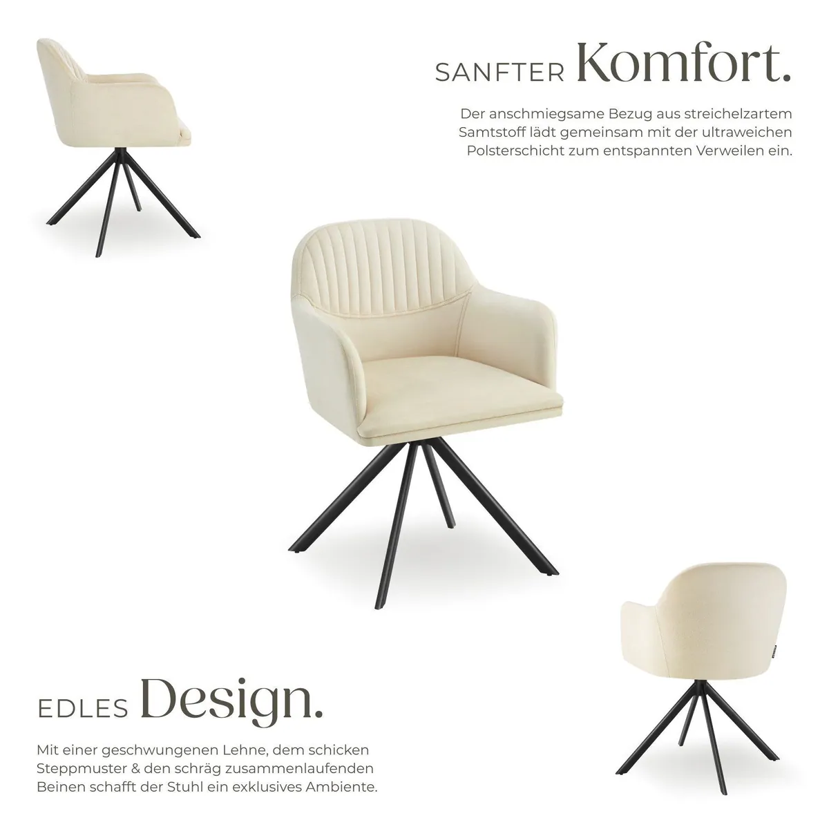 tectake Lona Esszimmerstuhl, 360° drehbar, schlanke Stahlbeine, creme/schwarz 3