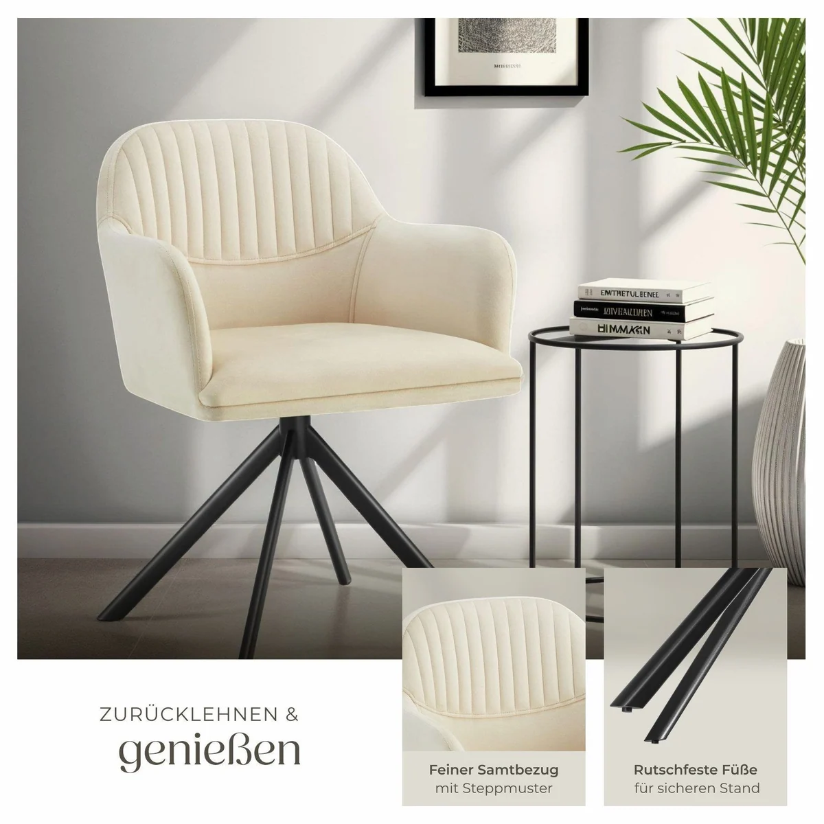 tectake Lona Esszimmerstuhl, 360° drehbar, schlanke Stahlbeine, creme/schwarz 4