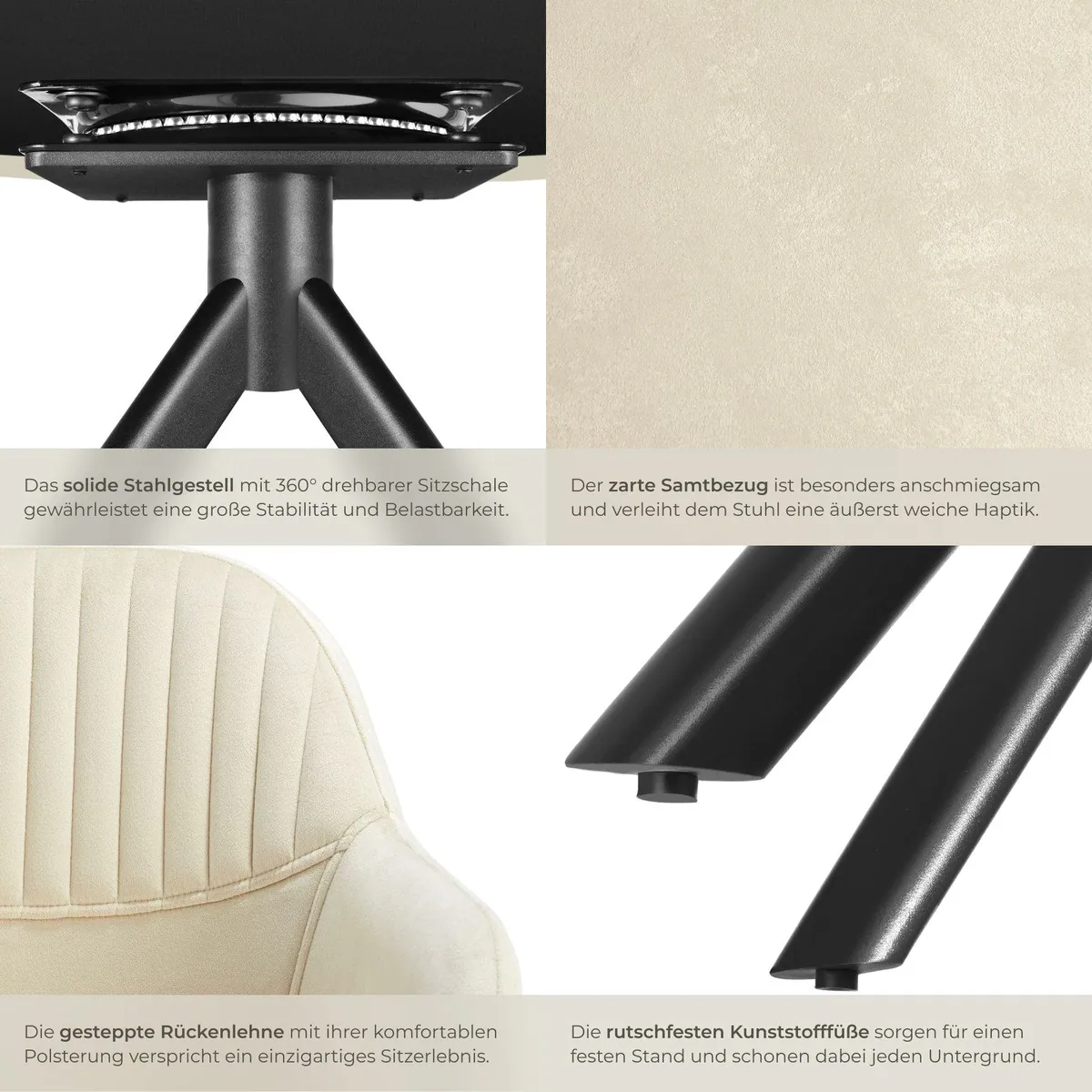 tectake Lona Esszimmerstuhl, 360° drehbar, schlanke Stahlbeine, creme/schwarz 5